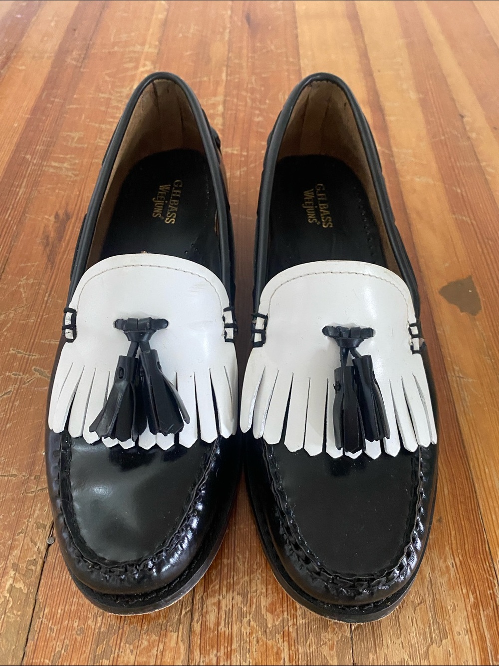 G.H. Bass & Co. Black and White Kiltie Tassel Loafers